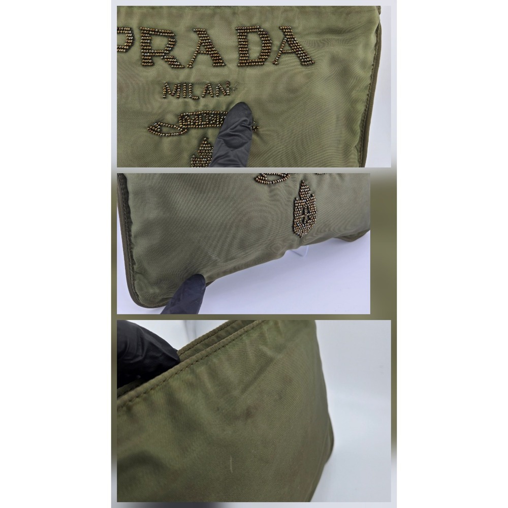 Prada Olive Green Nylon Beaded Logo Pouch Makeup Bag Clutch Milano Italy - Picture 6 of 8